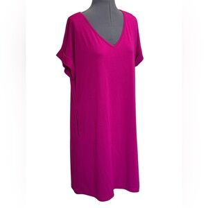 V-Neck Cuffed Short Sleeve Dress with Pockets.